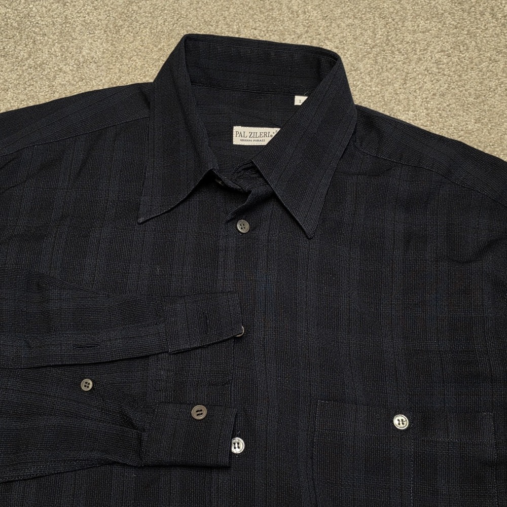 Pal Zileri Mens L Dark Navy Plaid Long Sleeve Button Up Shirt Italian Designer